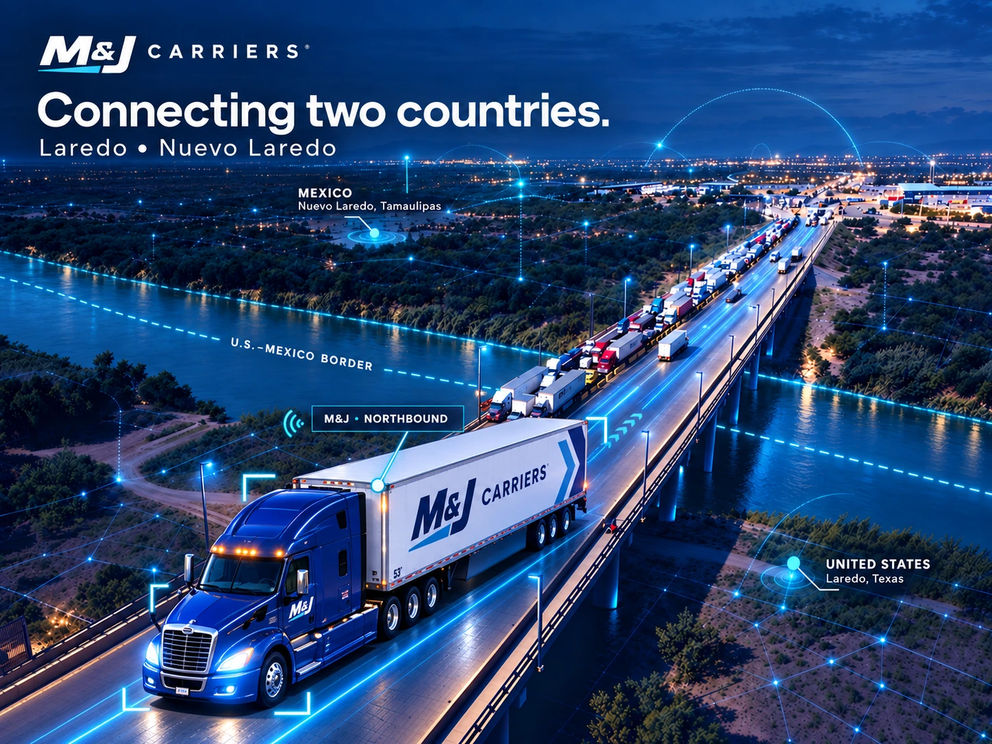 Promotional M&J cross-border illustration with a blue tractor-trailer and technology graphics.
